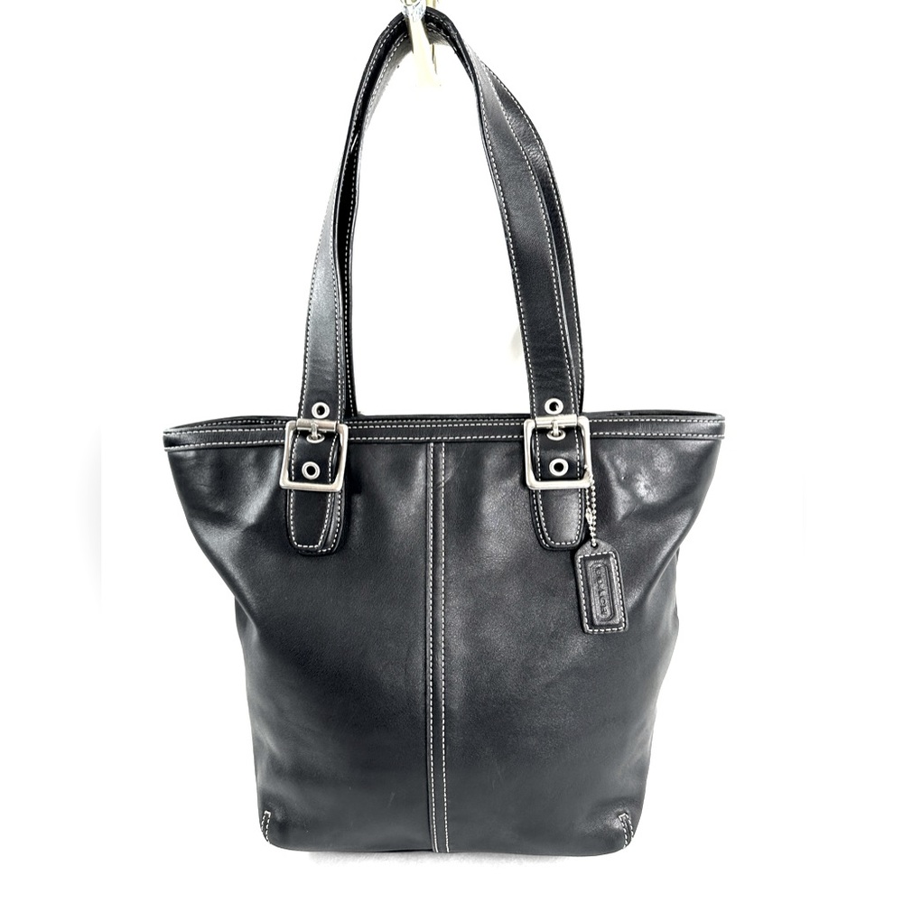 Coach 9572 Black Leather Small Lunch Tote Shoulder Bag Logo Buckles Topstitching